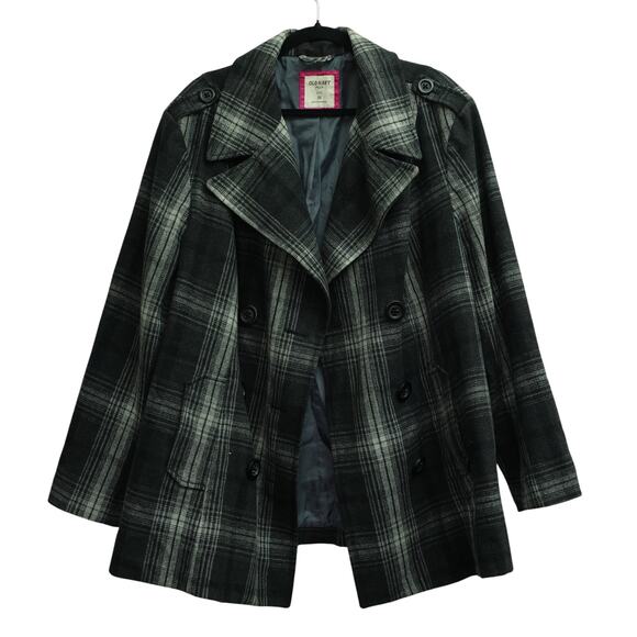 Old Navy Womens Notched Collar Pea Coat Double Breasted Plaid Black Plus Size 3X - Picture 1 of 9
